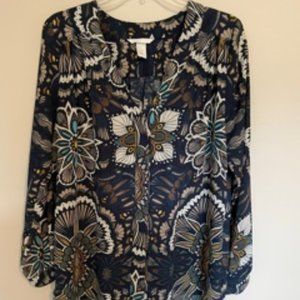 Pattern V-neck Button Down Chiffon Top